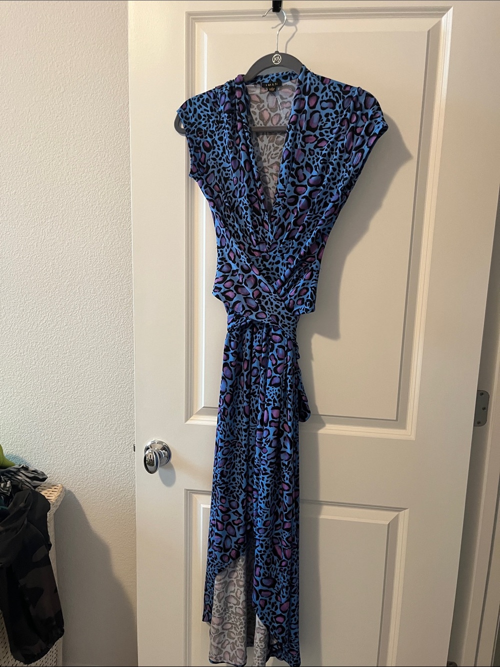 IMAN Blue and Purple Leopard-Print Wrap Maxi Dress